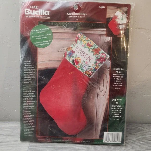 Vintage‎ Bucilla Christmas Toys Counted Cross Stitch Stocking Kit Red Velvet 18