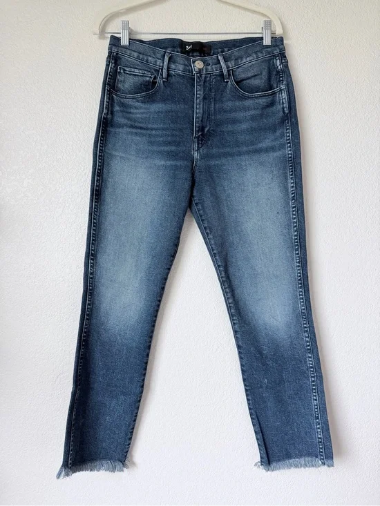 3x1 NYC Raw Hem Straight Leg Jeans 29 Mid Rise Stretch Blue Denim Frayed Hem