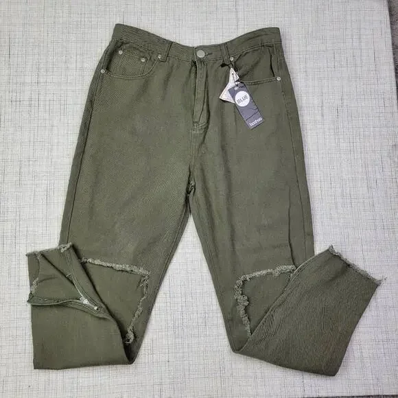 Boohoo Blue Women's Ripped Zip Hem High Rise Khaki Mom Jeans Green Size 10 NWT‎