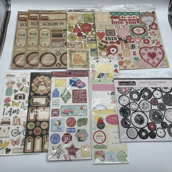 Lot of 12 Scrapbook Chipboard Stickers Embellishments Holiday Love Vintage