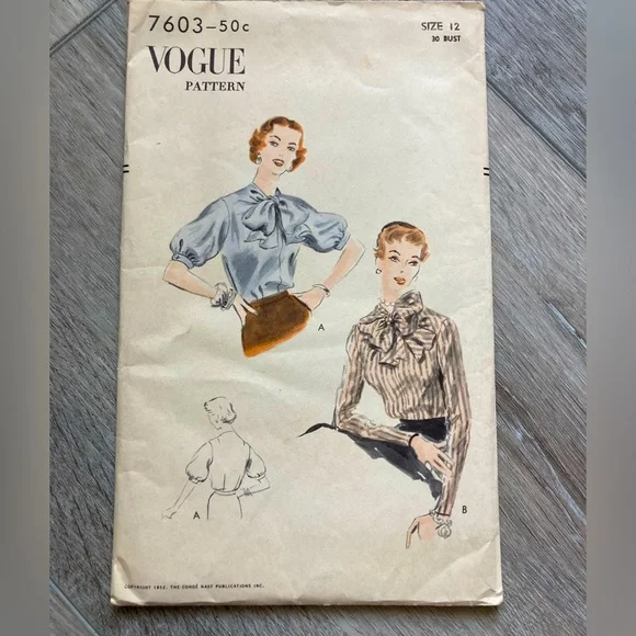 Vogue Vintage No 7603 Pattern UNCUT Women’s Blouse with Bow Ties Collarless 1952