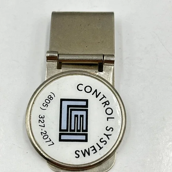 Vintage LEI Control‎ Systems Money Clip & Tie Bar Set, White Enamel Logo (805)