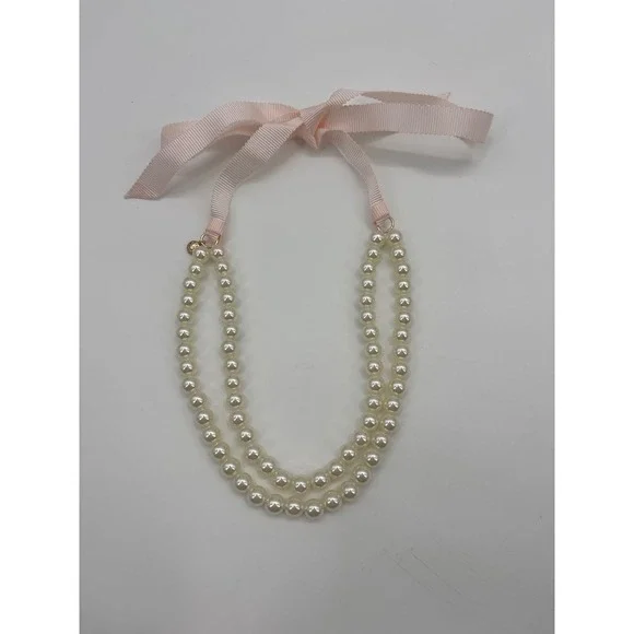 J Crew Factory Girls Two Strand Pearl Necklace Pink Ribbon Clasp Gold Tone Charm