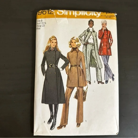 Vintage Sewing Pattern Simplicity Long Trench Coat Miss Size 8 1970s 70s
