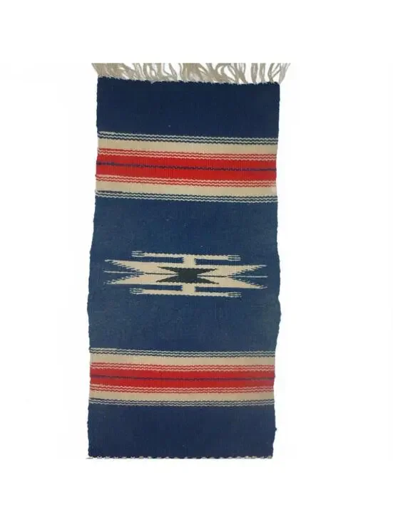 Ortega's Chimayo Native Handwoven Blue and‎ Red Runner Small Rug Tagged