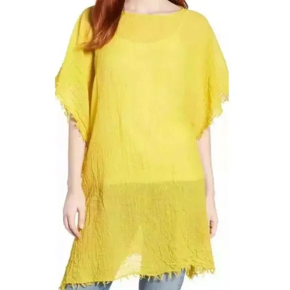 Eileen Fisher Yarow Lightweight Organic Cotton Poncho Yellow Frayed Edges OS
