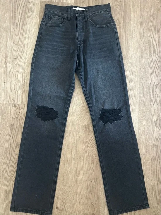 KanCan Women's Distressed Straight Jeans Black Dark Wash Denim