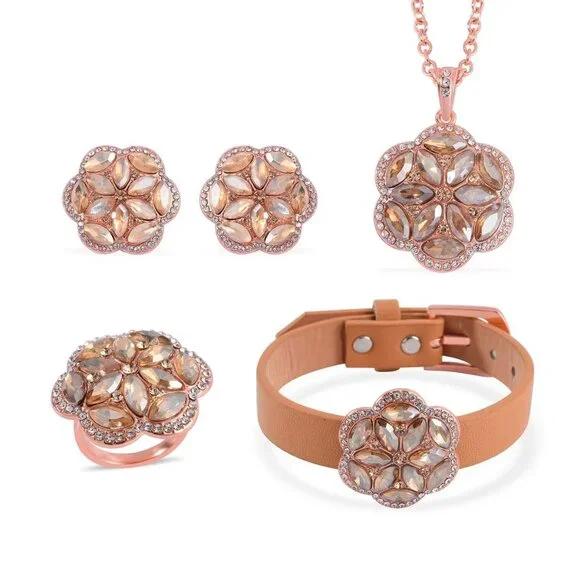 Peach & White Austrian Crystal Floral Bracelet, Earrings, Ring and Necklace Set