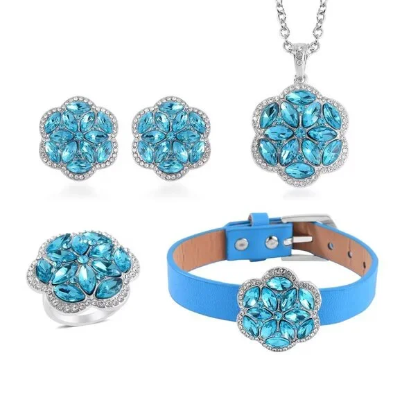 Blue & White Austrian Crystal Floral Bracelet, Earrings, Ring and Necklace Set