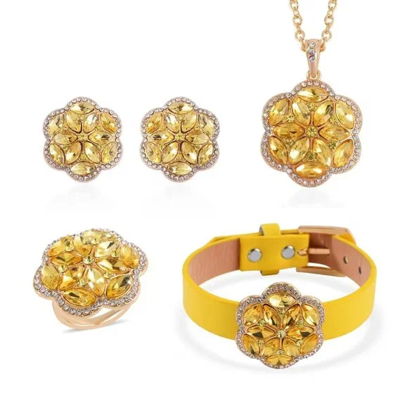 Yellow & White Austrian Crystal Floral Bracelet, Earrings, Ring and Necklace Set