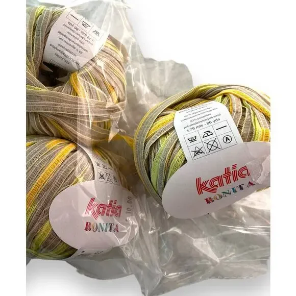 3 Skeins Katia BONITA Ribbon Yarn | Color #12 Yellow, Green, Tan