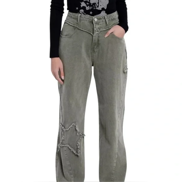 Hot Topic Army Green Distressed Star Patch Wide Leg Jeans