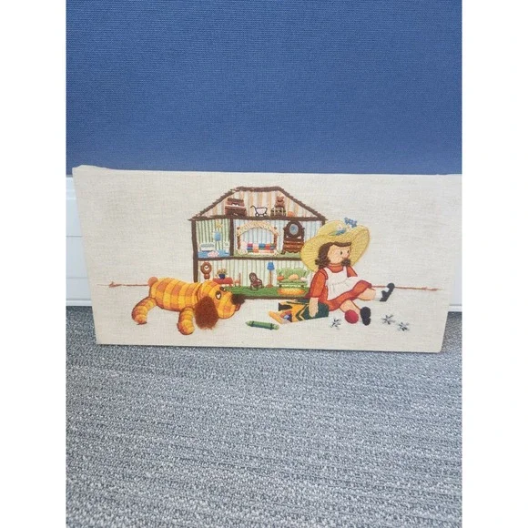 Vtg. Completed Crewel Embroidery  Childhood Treasures Girl Dollhouse Dog Crayons