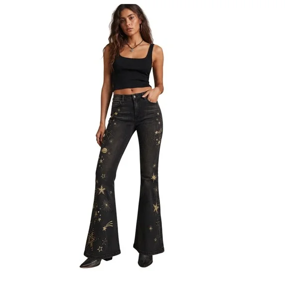 Driftwood x Free People Farrah Celestial Embroidered Flare Jeans NWT 30 $178