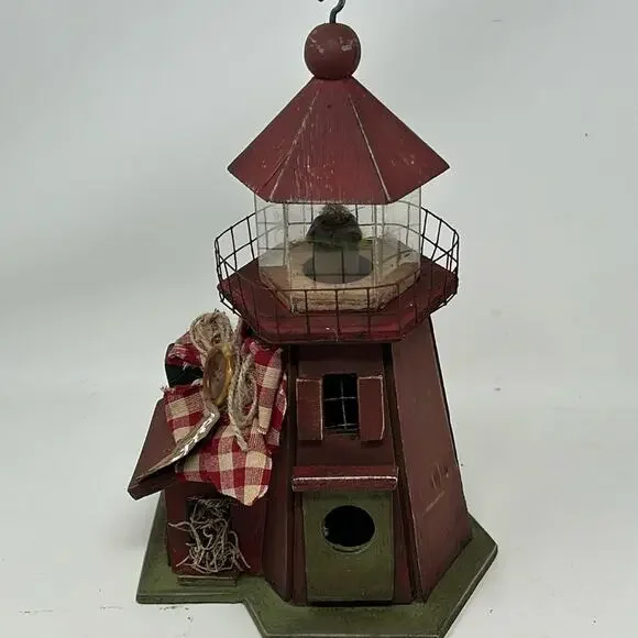 Hand Painted Vintage Wood Lighthouse/Birdhouse Green & Red