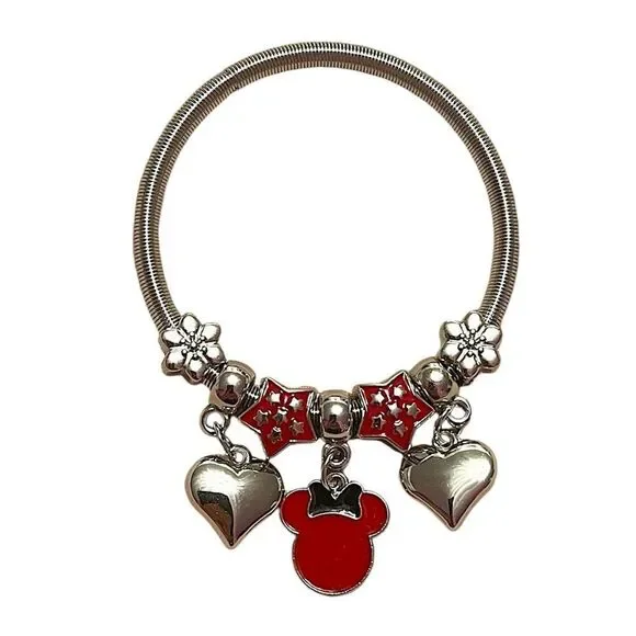 Red Minnie Mouse Heart Stretchy Silver Tone Charm Bracelet NWT
