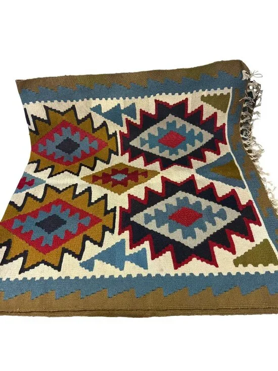 Hard Woven Kilim Area Rug Carpet Tribal Geometric Colorful Green Blue Red