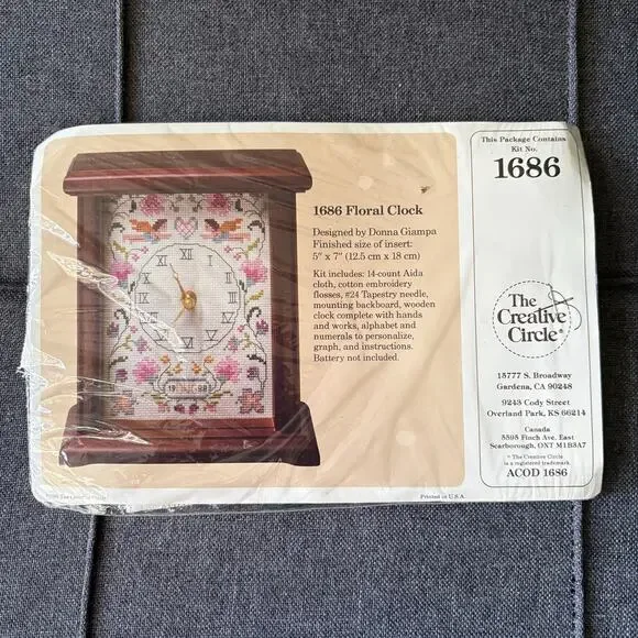 Floral Clock 1686 Vintage Counted Cross Stitch Kit by The Creative Circle - 1986