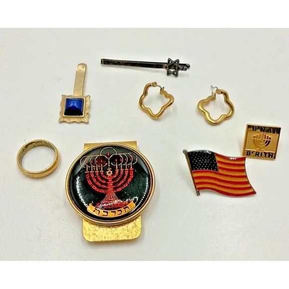 Vintage Jewish Jewelry Lot Menorah Money Clip Star of David Pin‎