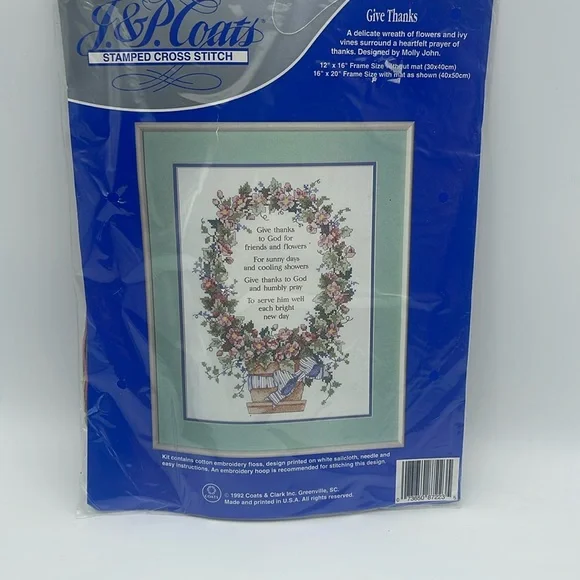 J & P Coats Stamped Cross Stitch Kit Give Thanks Religious 12 x 16 NEW