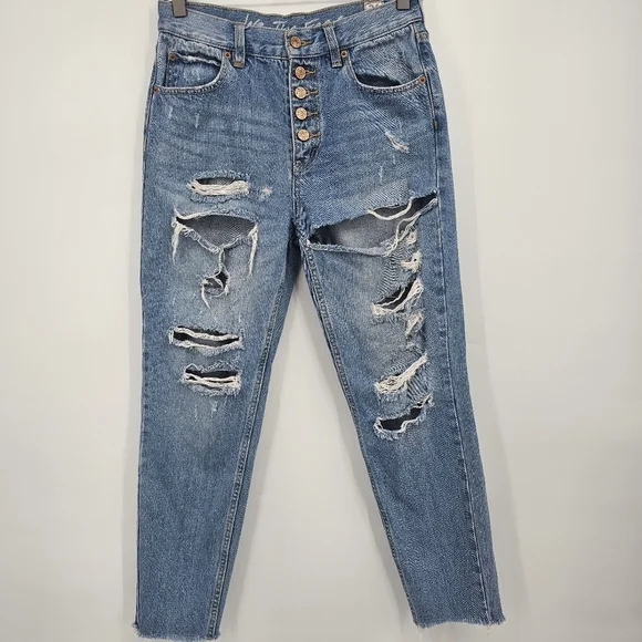 Free People We The‎ Free Distressed Button Fly Skinny Jeans Size 26 Blue