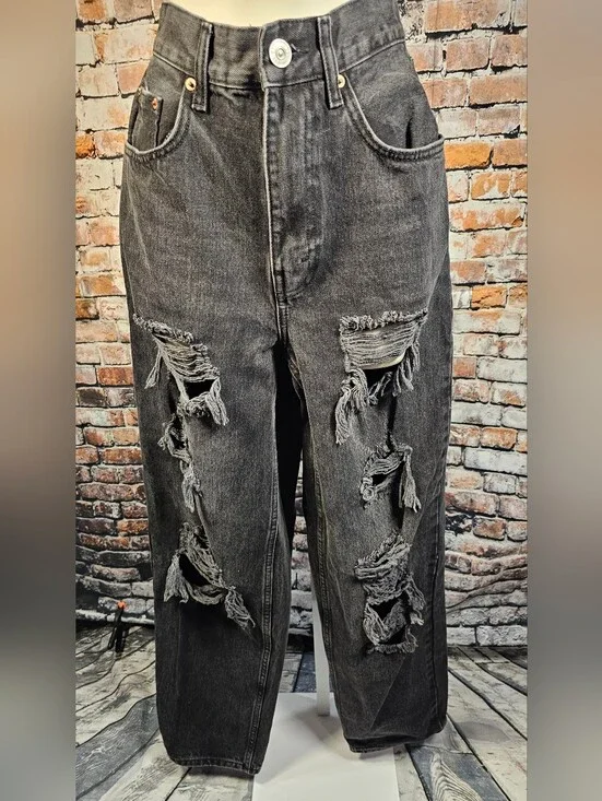 BDG Urban Outfitters High Rise Baggy Jeans Distressed Black Wash Size 27