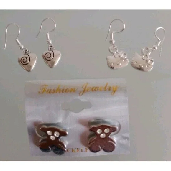 Girl's Lot of 3 Silver Earrings Dangle & Stud Bear Heart Kitty Cute NIP