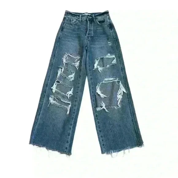 PacSun Women's Baggy Denim Jeans Distressed Wide Leg Button Fly Wide Leg Size 24