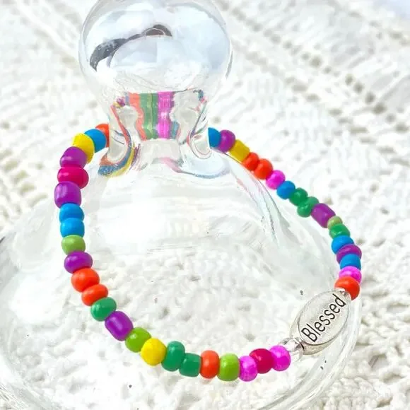 Child BLESSED Charm Stretch Bracelet Colorful