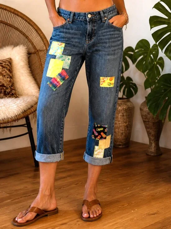 Patchwork Denim Capri Pants, Upcycled Gap Summer Patch Cropped Jeans 30 Waist