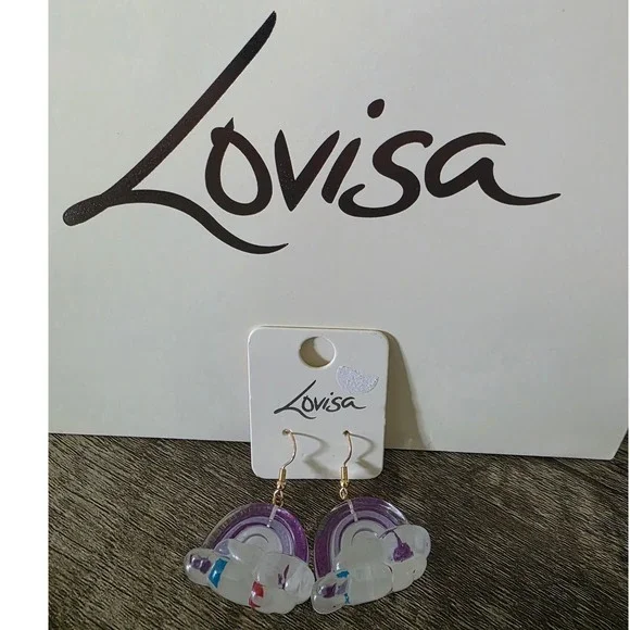 Lovisa Kids Rainbow Cloud Drop Earrings Purple White Gold Tone Resin Whimsical