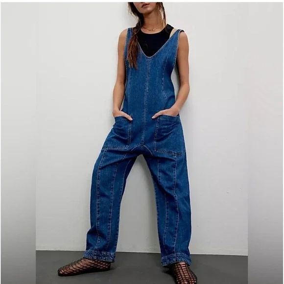 NWT We The‎ Free People High Roller Denim Jumpsuit Overalls XS Boho Festival