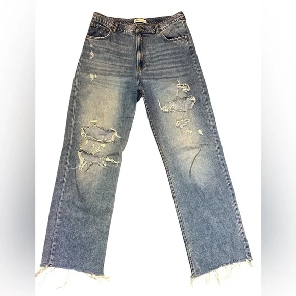 Zara Relaxed Fit Wide Leg Distressed Jeans Light Blue Euro 44 US 12