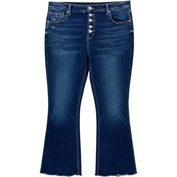 Kancan Flare Jeans Women 20W Dark Wash Button Fly Raw Hem Boho Western Festival
