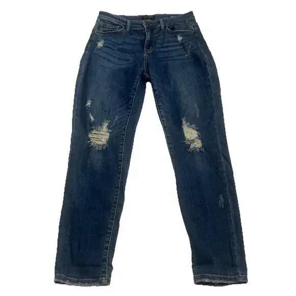 Judy Blue Jeans Women's 9/29 Slim Fit Straight Leg Dark Blue Denim Distressed