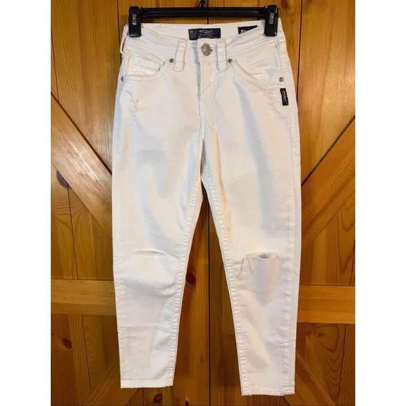 Silver Jeans Suki High Capri Super Stretch Ripped White Jeans Size 25x24 (6831)