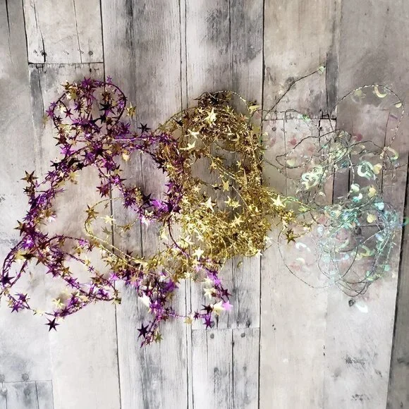 Wired Star (in gold and purple) and Heart (iridescent white) Garland