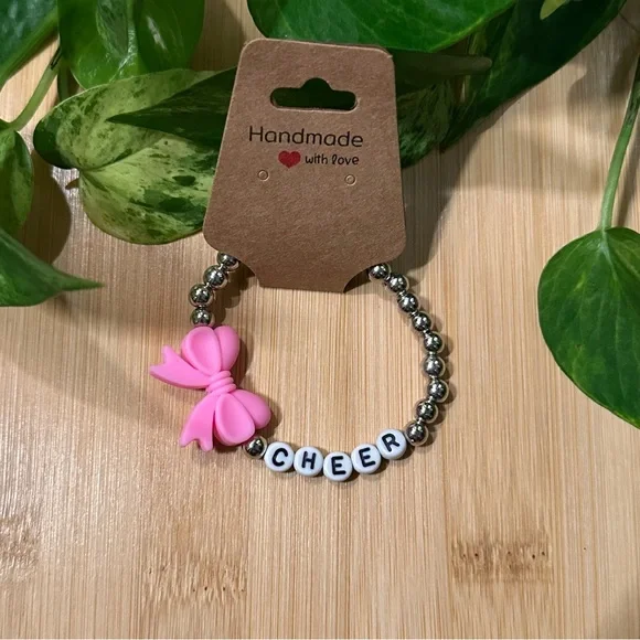 Silver Kids’ Stretchy Beaded‎ Cheer Bracelet | Handmade | Silicone Bow 📣✨