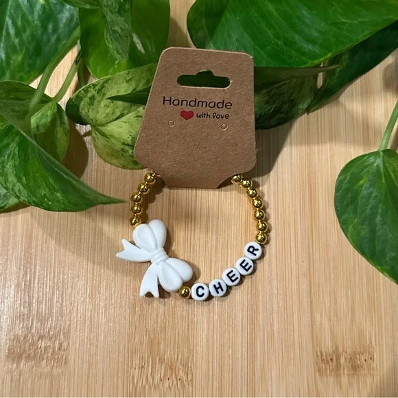 Gold Kids’ Stretchy Beaded Cheer Bracelet‎ | Handmade | Silicone Bow 📣✨
