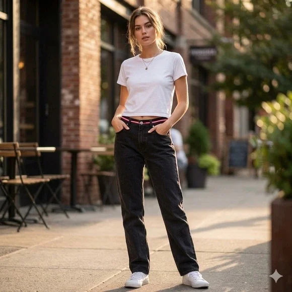 Tommy Hilfiger Jeans Womens Black Straight Leg Striped Waistband Denim High Rise