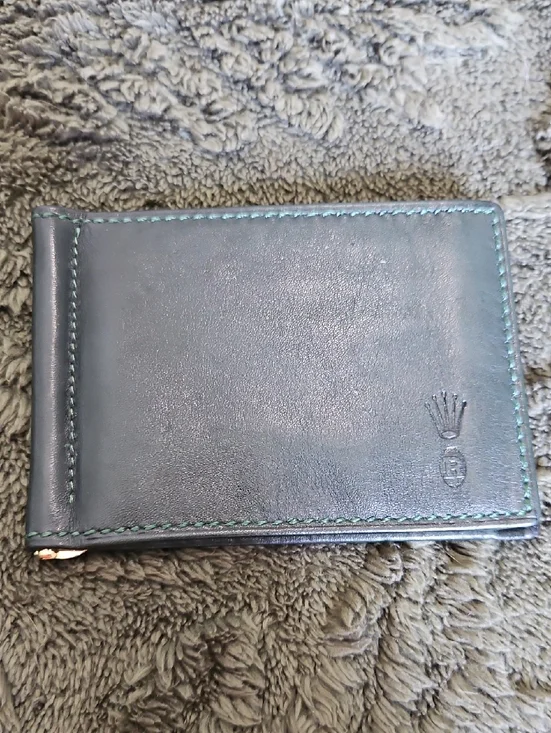 Rare Rolex Vintage Green Leather Money Clip with Green Stitching