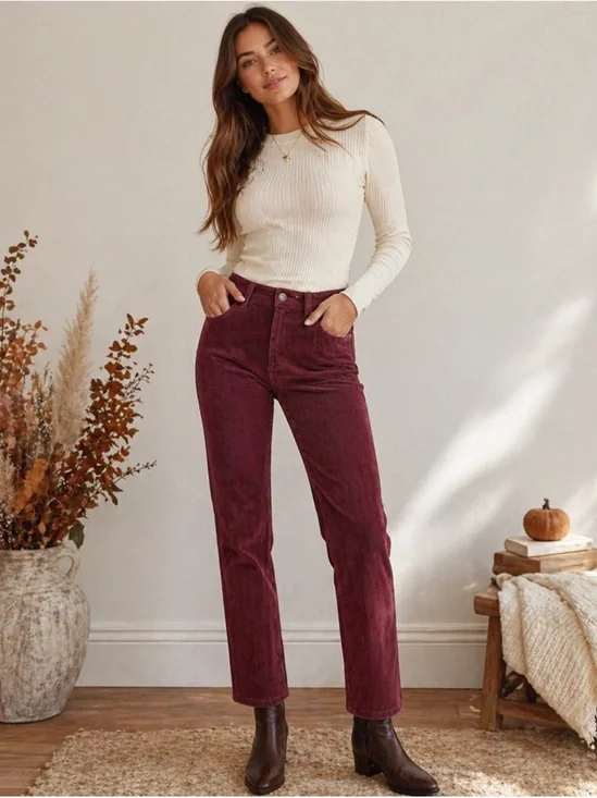 Quince Corduroy Pants Burgundy Straight Leg Organic Cotton 26 Inseam
