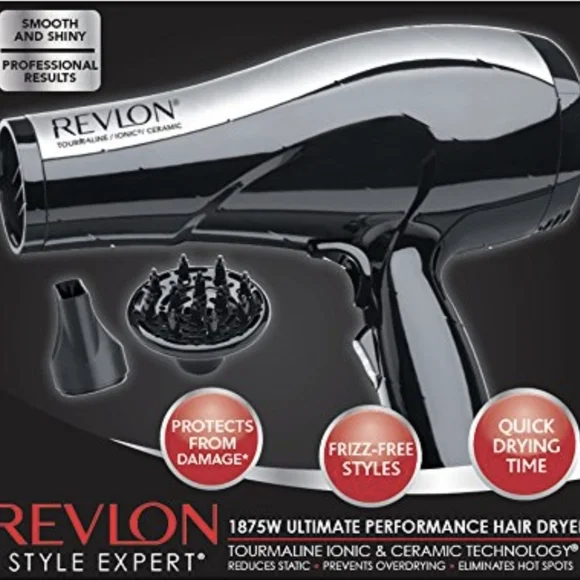 REVLON Style Expert 1875W Tourmaline Ionic Ceramic Blow Dryer Black Silver EUC