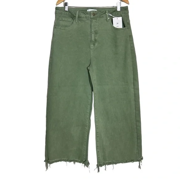 Risen Wide Leg Cropped Jeans Tummy Control in Olive Size 1XL