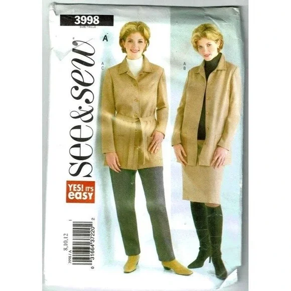 See & Sew 3998 Sewing Pattern Women Size 8 10 12 Tan Jacket Skirt Pants Easy‎