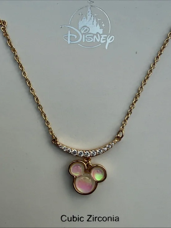 Disney Gold-Tone Iridescent Pink Mickey Mouse Cubic Zirconia Pendant Necklace