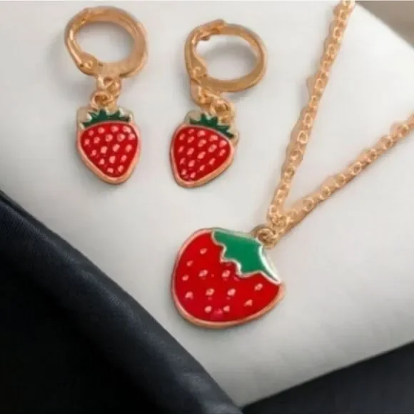 Girls Red Seeded Strawberry Jewelry Set Necklace Pierced Earrings Leverback Hoop