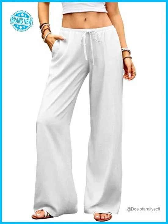 Low Rise Wide Leg Linen Blend Palazzo Pants with Pockets