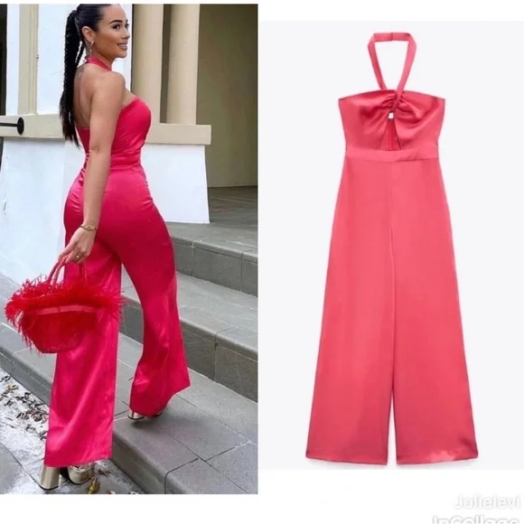 Zara Satin Halter Wide-Leg Jumpsuit in Hot Pink