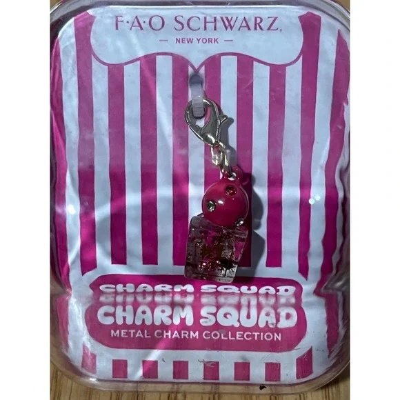 FAO Schwarz Charm Squad Metal Charm Pink #1 Tips Glitter Resin Lobster Clasp NEW